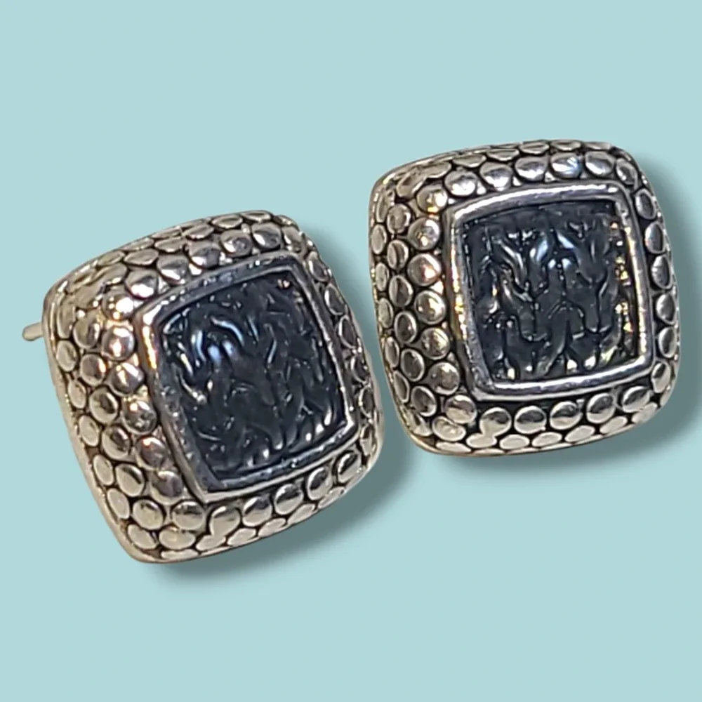 Chunky‎ Molded Glass Silver Tone Caviar Stud Earrings